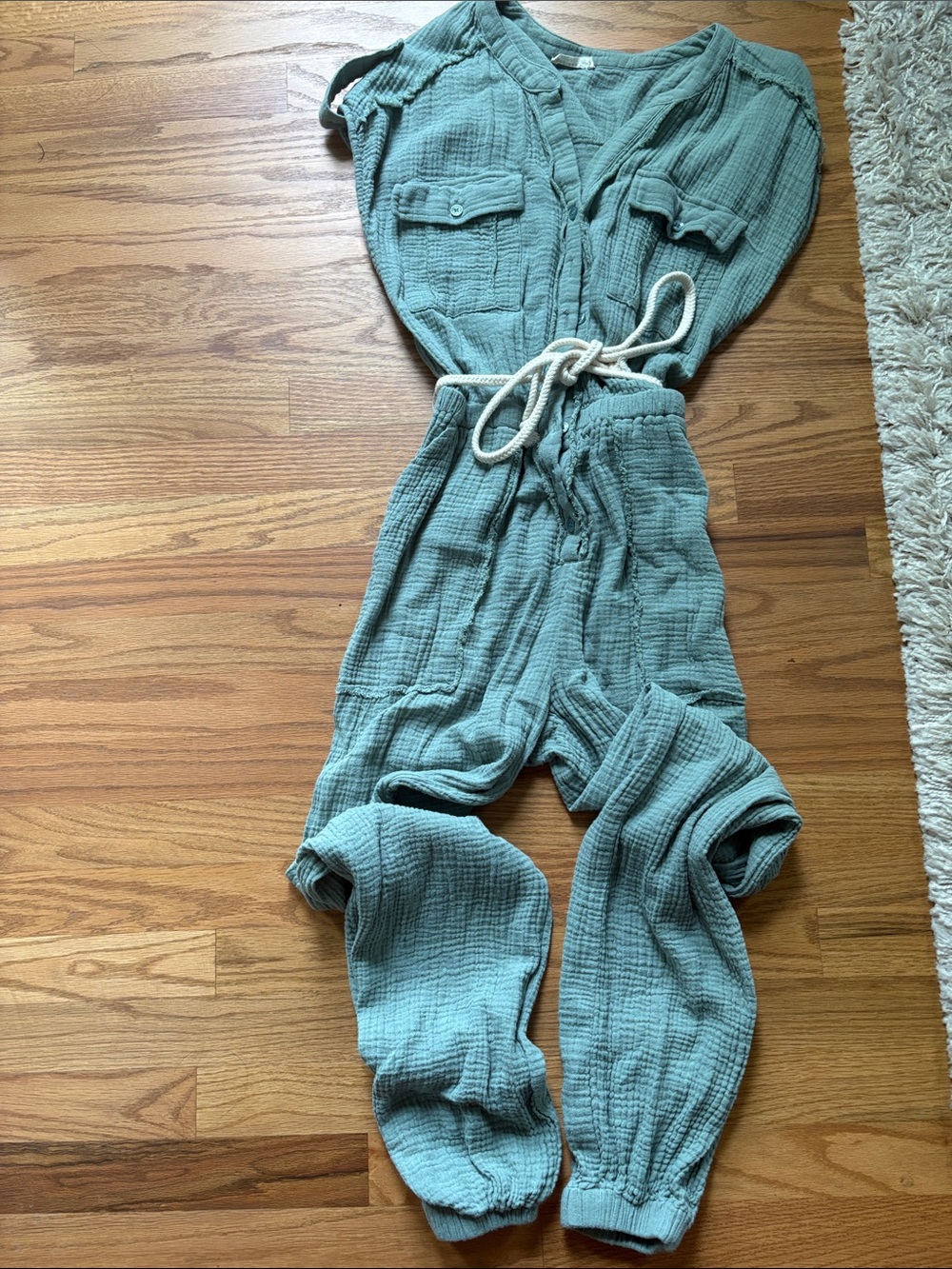 Relaxed Gauze Drawstring Jumpsuit in Sage Green